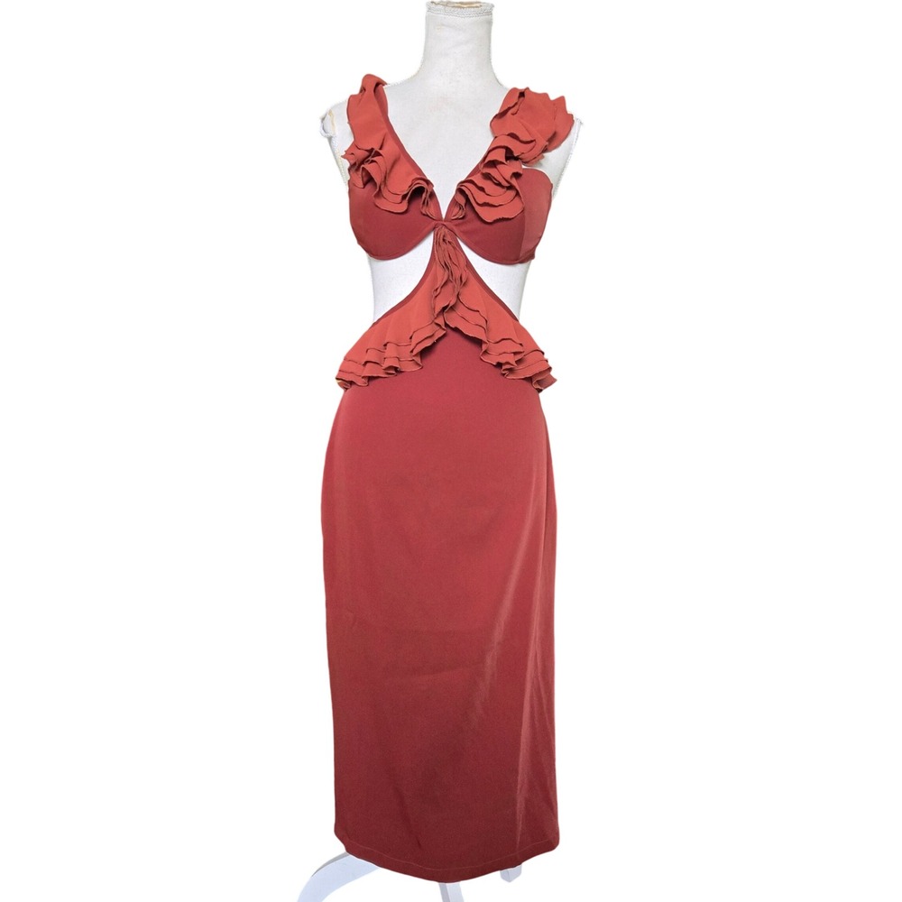 Andrea Iyamah XS Midi Dress Womens Rust Excellent Ruffle Cutout RV22D4